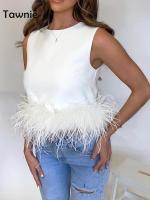 Tawnie 2022 Spring Summer Y2K Satin Feathers Crop Top Women Casual O Neck Sleeveless Off Shoulder Cami y White Tank Tops