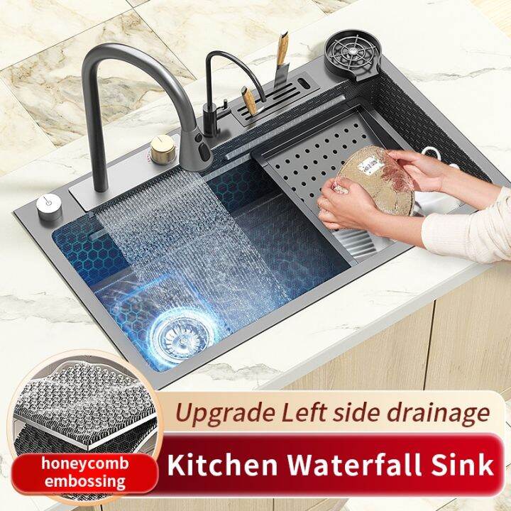 Stainless Steel Kitchen Sink Waterfall Wash Basin Smart Digital Display ...