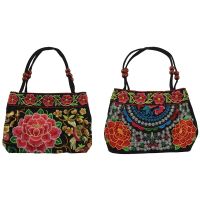 2pcs Chinese Style Women Handbag Embroidery Ethnic Summer Fashion Handmade Flowers Ladies Tote Shoulder Bags Cross Body ,Red-Double Peony &amp; Red Peony