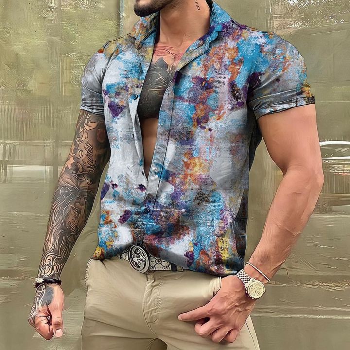 เสื้อผู้ชายย้อนยุคฮาวายฮาราจูกุสำหรับฤดูร้อนการพิมพ์ภาพแขนสั้นแนวสตรีทเสื้อผ้าแฟชั่นไซส์ใหญ่