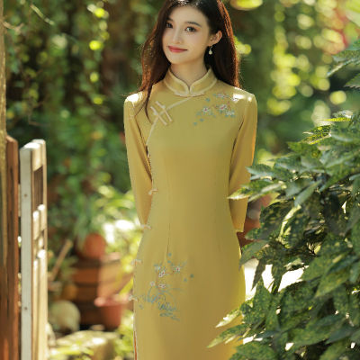 2021 Double Layer เลียนแบบกรดอะซิติกเย็บปักถักร้อยยาว Cheongsam ชุด Retro ปรับปรุงสาวหนุ่ม Cheongsam