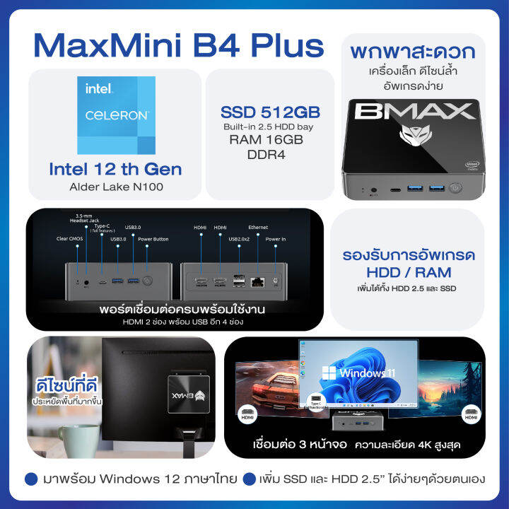 new-version-2023-bmax-b4-plus-minipc-มินิพีซี-windows-11-cpu-intel-gen-12-alder-lake-n100-ram-16gb-ssd-512gb-ประกันในไทย-1-ปี-ส่งจากไทย