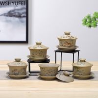 WSHYUFEI Jingdezhen Ceramic Gaiwan Bowl Chinese Style Stoneware Retro Tea Set Handmade Bubble Tea Bowl Travel Tea Cup 150Ml