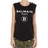 ฤดูร้อนใหม่เดิม Balmain∮ ปารีสไหล่ของผู้หญิงหัวเข็มขัดทอง Flocking จดหมายเสื้อกั๊กผ้าฝ้ายแขนกุด Bottoming เสื้อยืดสวมใส่ด้านนอกแน่นบางแขนกุดสั้นด้านบนคลาสสิกสบายๆกีฬาแขนกุดเสื้อยืดด้านบน