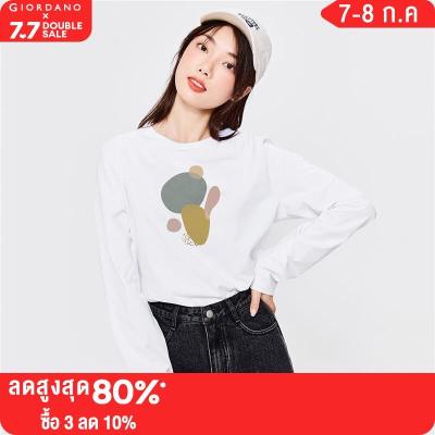 GIORDANO Women Huaxiansheng Series T-Shirts Crewneck 100% Cotton Fashion Tee Simple Print Long Sleeve Casual T-Shirts 99392188