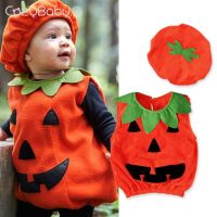 Baby Boys and Girls Top Autumn Sleeveless Halloween Pumpkin Top Pumpkin Hat 2-piece Set