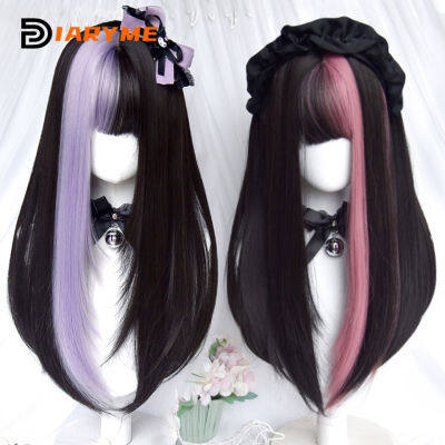 Lolita Wigs วิกผมสังเคราะห์ยาวตรงสำหรับผู้หญิงคอสเพลย์วิกผมหน้าม้าเส้นใยทนความร้อนวิกผมผู้หญิงผมปลอมธรรมชาติ ~