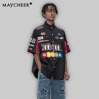 MAYCHEER เสื้อเชิ้ตผู้ชายแขนสั้นสไตล์แข่งรถเข้าชุดกันสีสไตล์เรโทรของอเมริกาย้อนยุคสำหรับฤดูร้อนชุดสูทมอเตอร์ไซค์พิมพ์ลายใหม่เสื้อหลวมผู้ชาย