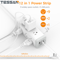 TESSAN 9 Way Power Strip 3M Extension Cord Flat Plug Charging Station Power Bar Surge Protector with USB , 10FT Extension Cord with 9 Outlets 3 USB Ports, 10 Feet Extension Cord with Multiple Outlets, Flat Plug,1875W/15A, Desk Accessories for Office, Home