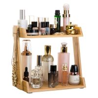 Bamboo Makeup Organizer, Cosmetic Storage Display Shelf with 2 Layers, Assemble Easily, Fits Different Cosmetics and More