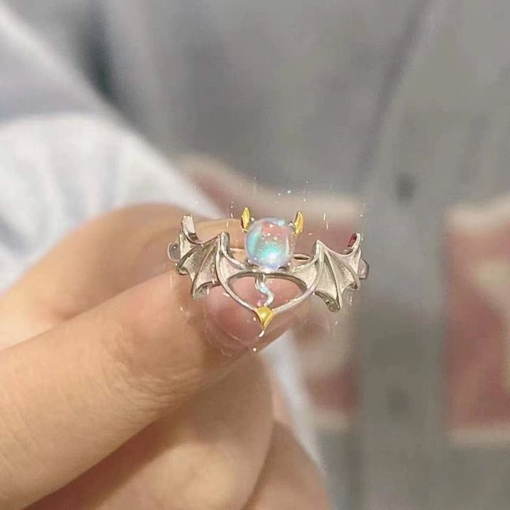 เวอร์ชั่นเกาหลี-ins-ออกแบบเรขาคณิตสองสีปรับแองเจิลปีศาจเพทายแหวนเครื่องประดับผู้หญิง-pretty-girl-jewelry