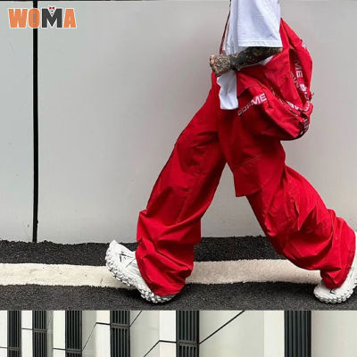 WOMA    กางเกงคาร์โก้สีแดงกางเกงเบาและระบายอากาศได้วินเทจอเมริกัน