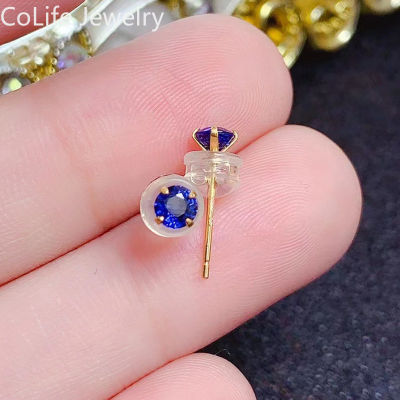 Real 18K Gold Natural Sapphire Stud Earrings Total 0.2ct Royal Blue Sapphire Yellow Gold Earrings for Daily Wear