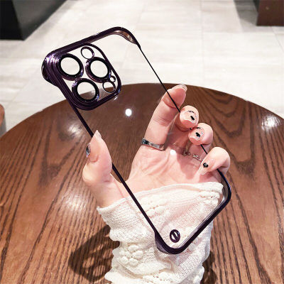 เคสใสไร้กรอบบางพิเศษสำหรับ iPhone 14 13 12 Pro Max Plus Slim Hard PC ฝาครอบเลนส์แก้วใส