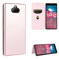 สำหรับ Sony Xperia 8พื้นผิวคาร์บอนไฟเบอร์ฝาพับแบบแนวนอน TPU + พีซี + เคสที่มีช่องเสียบการ์ดหนัง PU (สีชมพู)