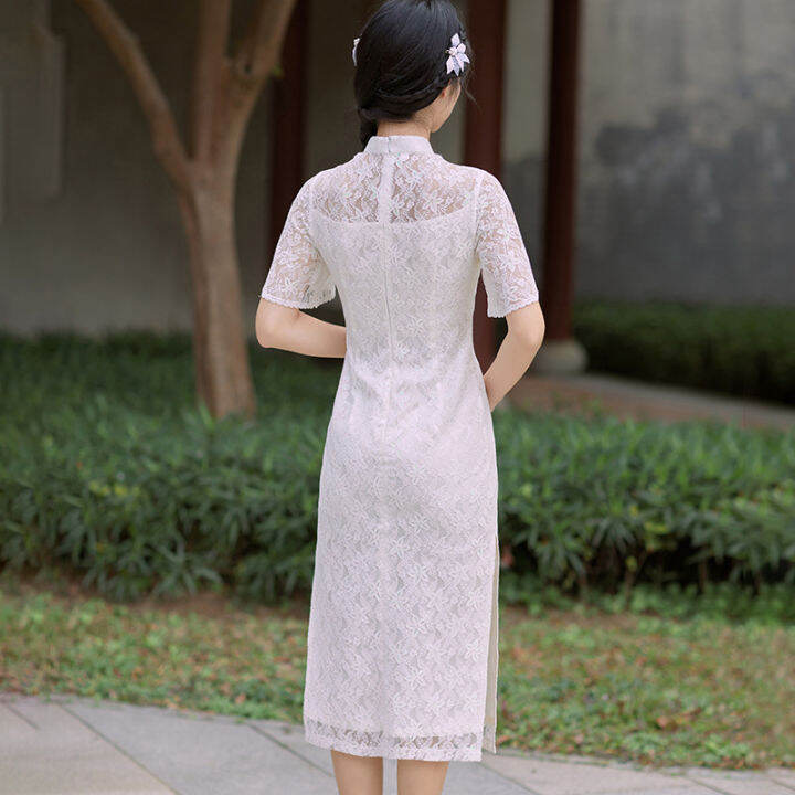 2022จินผ้าฝ้ายเย็บปักถักร้อยเนื้อสาว-cheongsam-ตาข่ายขนาดเล็กสดสีดำโบว์-cheongsam