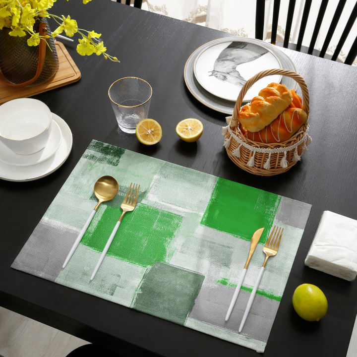 ภาพวาดสีน้ำมันบทคัดย่อเรขาคณิตสีเขียวรับประทานอาหาร-placemat-บนโต๊ะอาหารตรงกับระยะทางการแข่งขัน-pad-46ชิ้นตารางการแข่งขันตกแต่งบ้าน