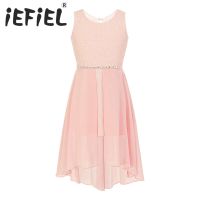 Kids Girls Sleeveless Summer Chiffon Dress Sparkly Rhinestone Waist High-low Hem Dress for Birthday Party Casual Daily Wear