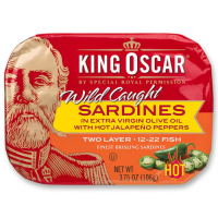 คิงออสการ์ ปลาซาดีนในน้ำมันมะกอกผสมพริกจาลาปิโน 106 กรัม - Sardines with Jalapeno 106g King Oscar Brand