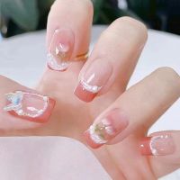 [COD] Three-dimensional pearl butterfly tulip flower manicure piece sweet fairy nail powder penetrating French short false nails