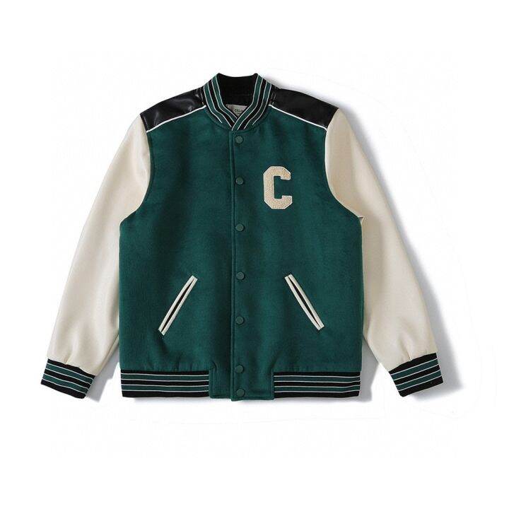 little-red-book-ouyang-nana-same-style-big-c-turquoise-green-woolen-contrast-color-baseball-uniform-cotton-matching-jacket-trendy