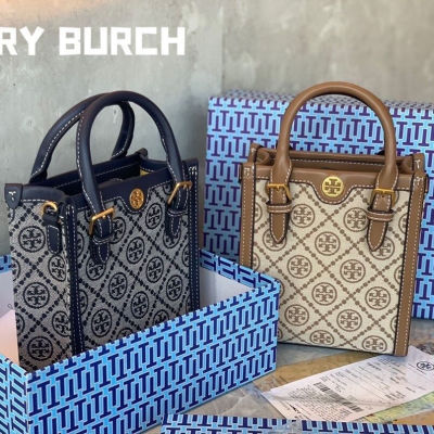 มาตรฐานเดิม Tory burchˉ piano score bag mini jacquard tote bag womens bag high-quality one-shoulder messenger bag small square bag