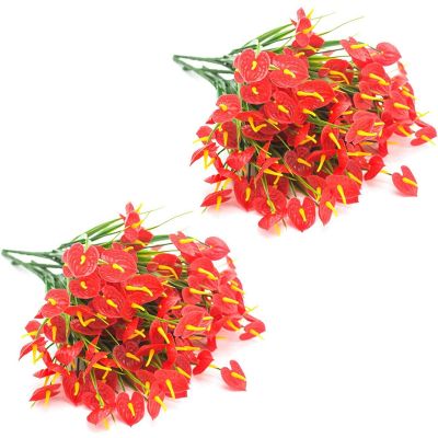 8 Bunches Artificial Fake Flowers Faux Anthurium Plants Plastic Shrubs Bushes Greenery Hanging Planter Home Decorations
