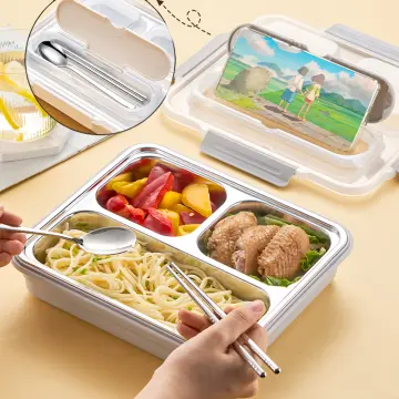 Metal Lunch Food Container, Stainless Steel Lunch Box Sealed Spill Proof  Double Bento Box Convenient With Lid Large Capacity Canteen Steamer Lunch  Box
