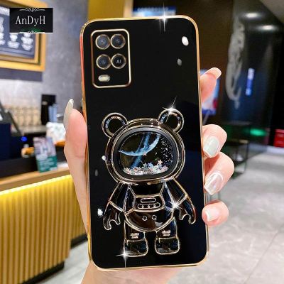 AnDyH Phone Case OPPO A54 4G 6DStraight Edge Plating+Quicksand Astronauts who take you to explore space Bracket Soft Luxury High Quality New Protection Design