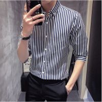 เสื้อเชิ้ตลายทาง Mens short sleeve shirt seven minutes of sleeve stripe shirts summer new han edition cultivate ones morality mens fashion youth half sleeve shirt