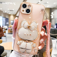 เคสโทรศัพท์ชุบโลหะด้วยไฟฟ้าสุดหรูสำหรับ iPhone 14 13 12 11 Pro Max 14 Plus 13 12 Mini XR XS X 8 7 Plus SE 2020แฟชั่นเคสแต่งหน้ากระต่ายผีเสื้อน่ารักตัวยึดกระจกซิลิโคนนิ่ม + เชือกยาว