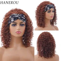 HANEROU Short Afro Curly Wig Synthetic Black Women Brown Hair Wig with Head Band for Daily Party Cosplay Wig  Hair Extensions Pads