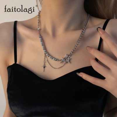 Cross Star จี้สร้อยคอผู้หญิงผู้ชาย Retro ลูกปัดมุก Splicing Clavicle Chain สร้อยคอ Unisex Y2K Punk Aesthetic เครื่องประดับหญิง Gift