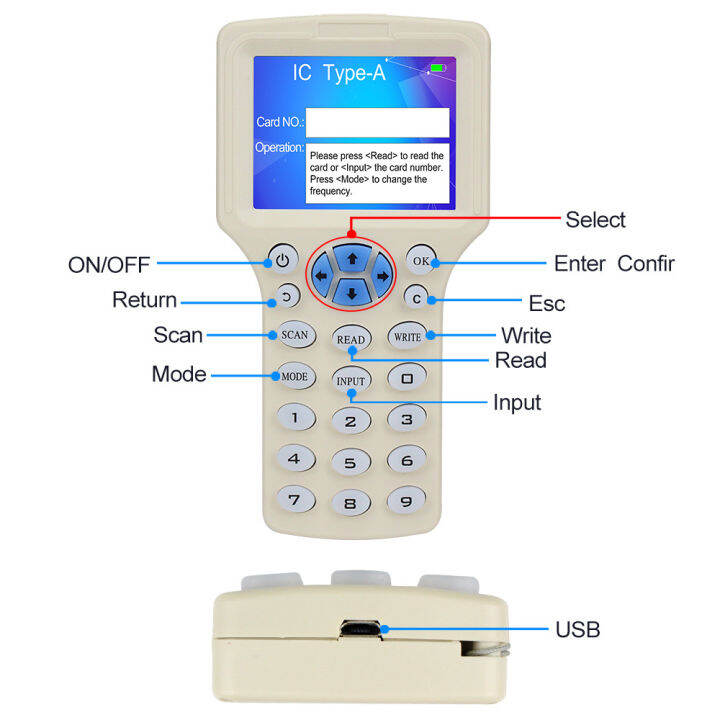 เครื่องทำสำเนาเครื่องถ่ายเอกสารผู้เขียนอ่าน-rfid-10ความถี่ภาษาอังกฤษพร้อมสาย-usb-สำหรับเครื่องทำสำเนาหน้าจอ-lcd-การ์ด125hz-13-56mhz