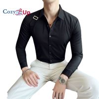 เสื้อเชิ้ตแขนยาวผู้ชาย Cozy Up แฟชั่นเส้นใยโพลีเอสเตอร์สีทึบบางสบายๆ