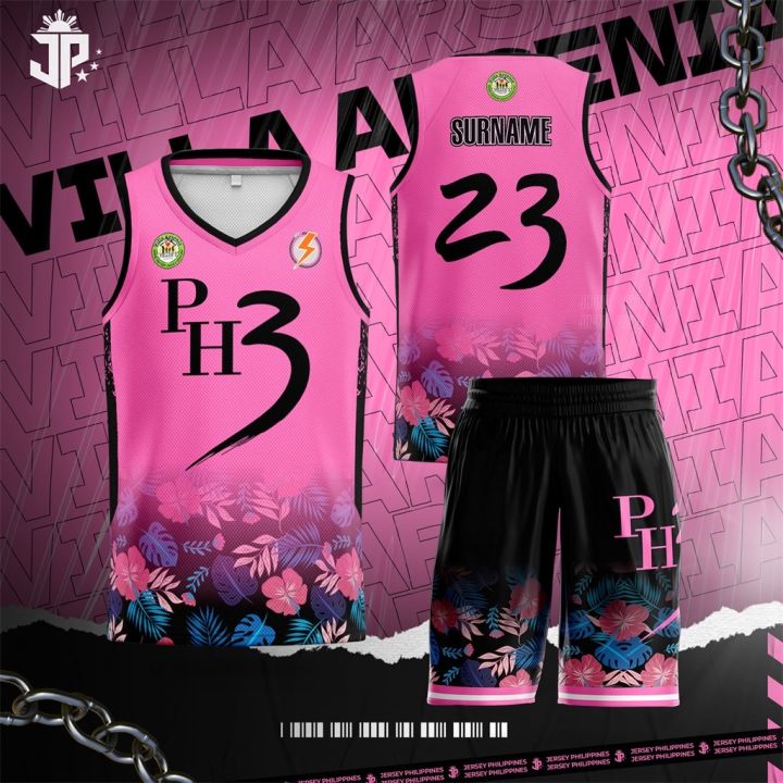 grdfgvdZhen Chuang Team Villa Arsenia PH3 Sleeveless Uniform Seafarer Basketball  Jersey Terno Men Women Full Sublimation Black and Pink Premium Flower Print  Jersey Free Customized Name and Number