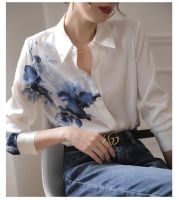 Ink printing white shirt female long sleeve spring 2023 new high-end acetate satin silk shirt jacket