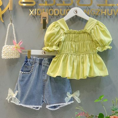 【Ready】🌈 Childrens clothing summer suit 2023 new fashion puff sleeve shirt short-sleeved top medium and big kids denim shorts suit