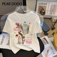 PEAR DODO [200g 100%Cotton]เสื้อยืดแขนสั้นรอบคอหลวมพิมพ์ลายแมวเกาหลีสำหรับผู้หญิง