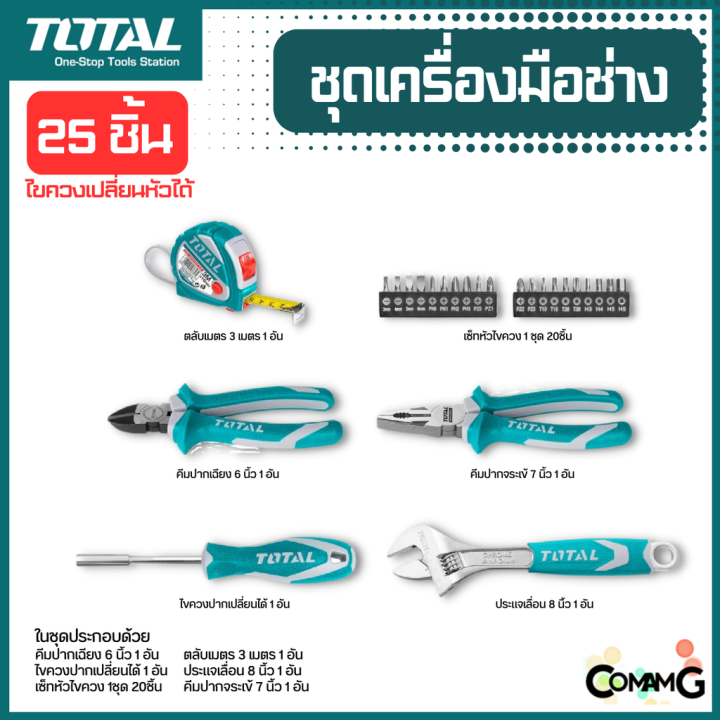 total-ชุดเครื่องมือช่าง-25ชิ้น-ไขควงเปลี่ยนหัว-พร้อมชุดหัวไขควง20ชิ้น-ตลับเมตร-คีม-ประแจเลื่อน-พร้อมกล่องเก็บ