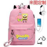 [] กระเป๋าหนังสือพิมพ์ลาย SpongeBob โซ่เหล็ก USB กระเป๋าเป้สะพายหลัง กระเป๋าเดินทางเปิดฤดูกาล