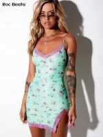 ☂۩ Sexy Lace V-Neck Rose Flower Print Spaghetti Strap Dress Women Summer Thin Mini Milk Silk Slit Party Night Club Opaque Dresses