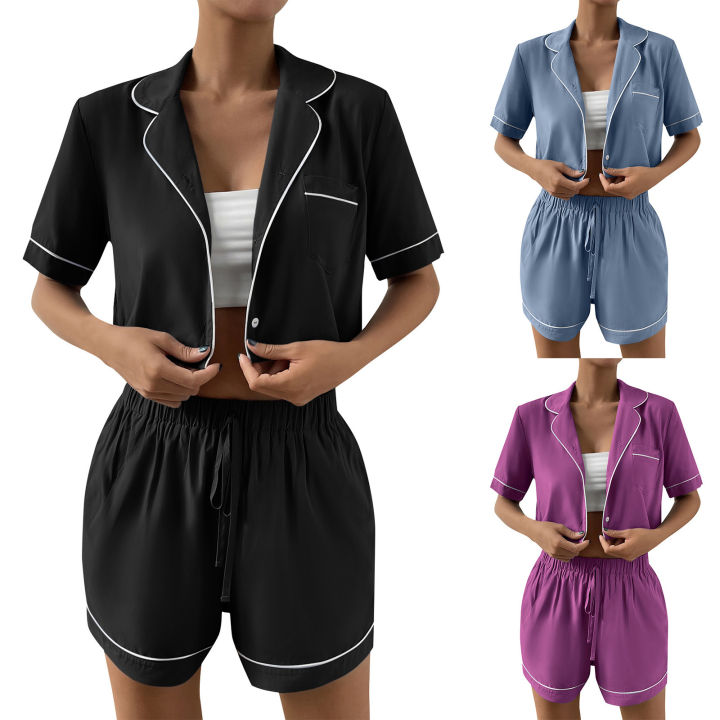 ชุดเสื้อผ้า2ชิ้นสำหรับใส่อยู่บ้านกางเกงขาสั้นเสื้อกีฬาแขนสั้นสบายลำลองสีพื้นแบบแฟชั่นของผู้หญิง