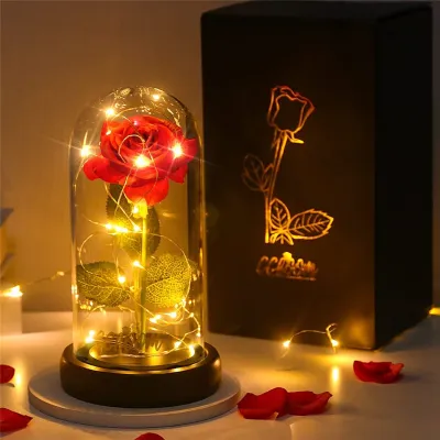 Red Rose Artificial Flowers In Glass Dome LED Light For Wedding Decor Christmas Valentines Day Mothers Day Gift