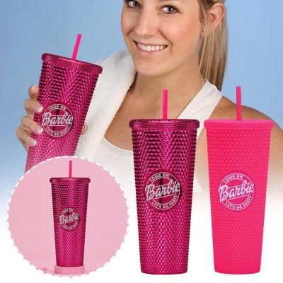 Sweet Barbie Pink Studded Tumbler Straw Cup Drinking Bottle Water Water Mugs V0W0