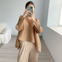 Miyake Pleated Long-Sleeved T-Shirt Womens Spring And Autumn New Top Fat Girl Loose Flesh-Covering Slimming Pullover Batwing Shirt