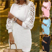 Autumn Winter Plush Sweater Dress Women Sexy Lace Patchwork Long Sleeve Knitted Dress Elegant Thick Warm Fur Sweater Pullover