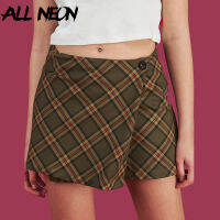 ALLNeon Vintage Plaid A-line Mini Skirts One Button High Waist Short Skirts for Women Chic E-girl Style Bottoms Streetwear 2021