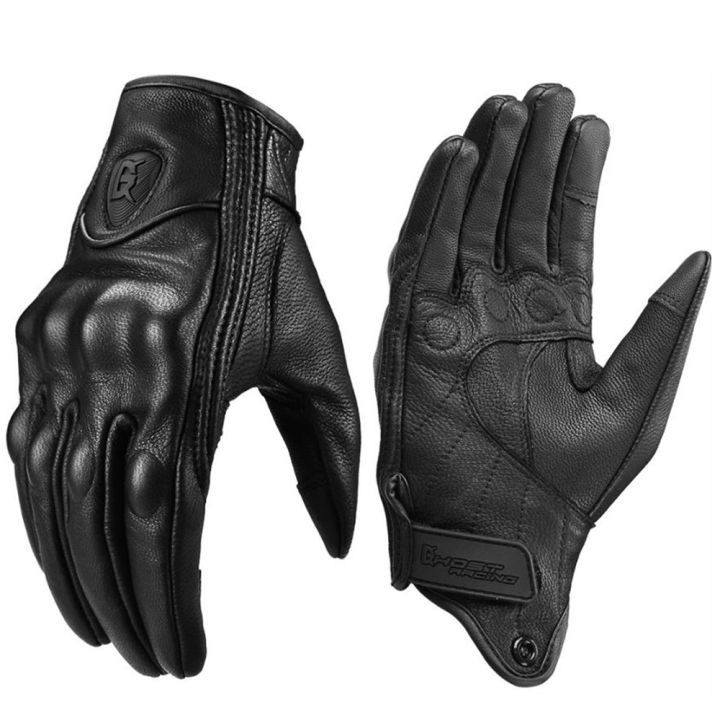 2021GHOST RACING Real Leather Motorcycle Gloves Protective Gears Touch Function Moto Motocross Gloves Waterproof Gants De Moto Black