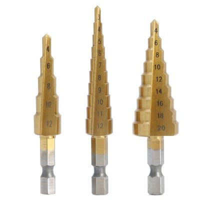 3 Pcs High-Speed Steel Step Drill Bit Set Power Tools Cone Titanium Coated Metal Hole Cutter 1/4 inch Hex Shank Drive Quick Change 3-12mm/4-12mm/4-20mm